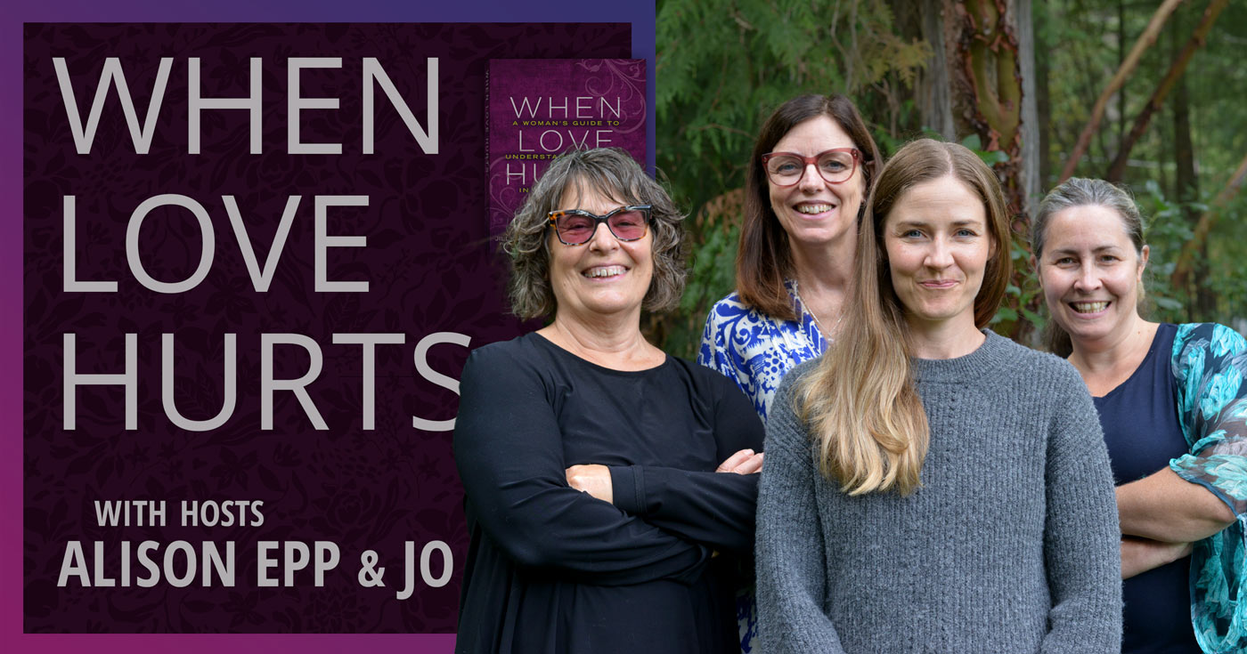 The When Love Hurts team stands shoulder to shoulder in front of the Podcast art.