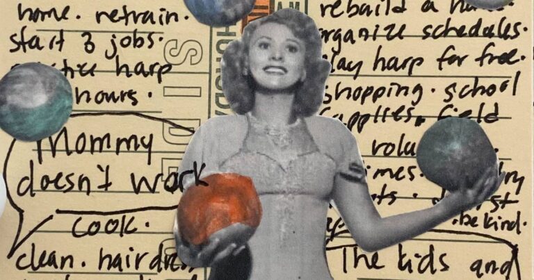 An excerpt from a photo collage by Shalom Wiebe that shows a woman smiling while juggling several balls and behind her are lists of tasks she is expected to perform.