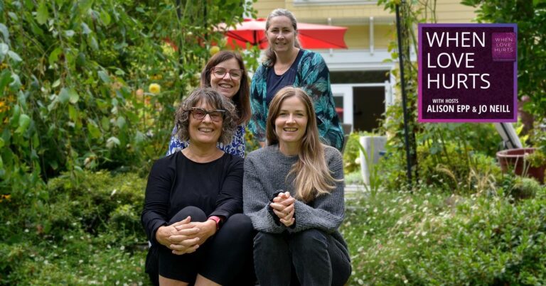 Jill Cory, Karen McAndless-Davis, Jo Neill, and Alison Epp sit in a group smiling at the camera.