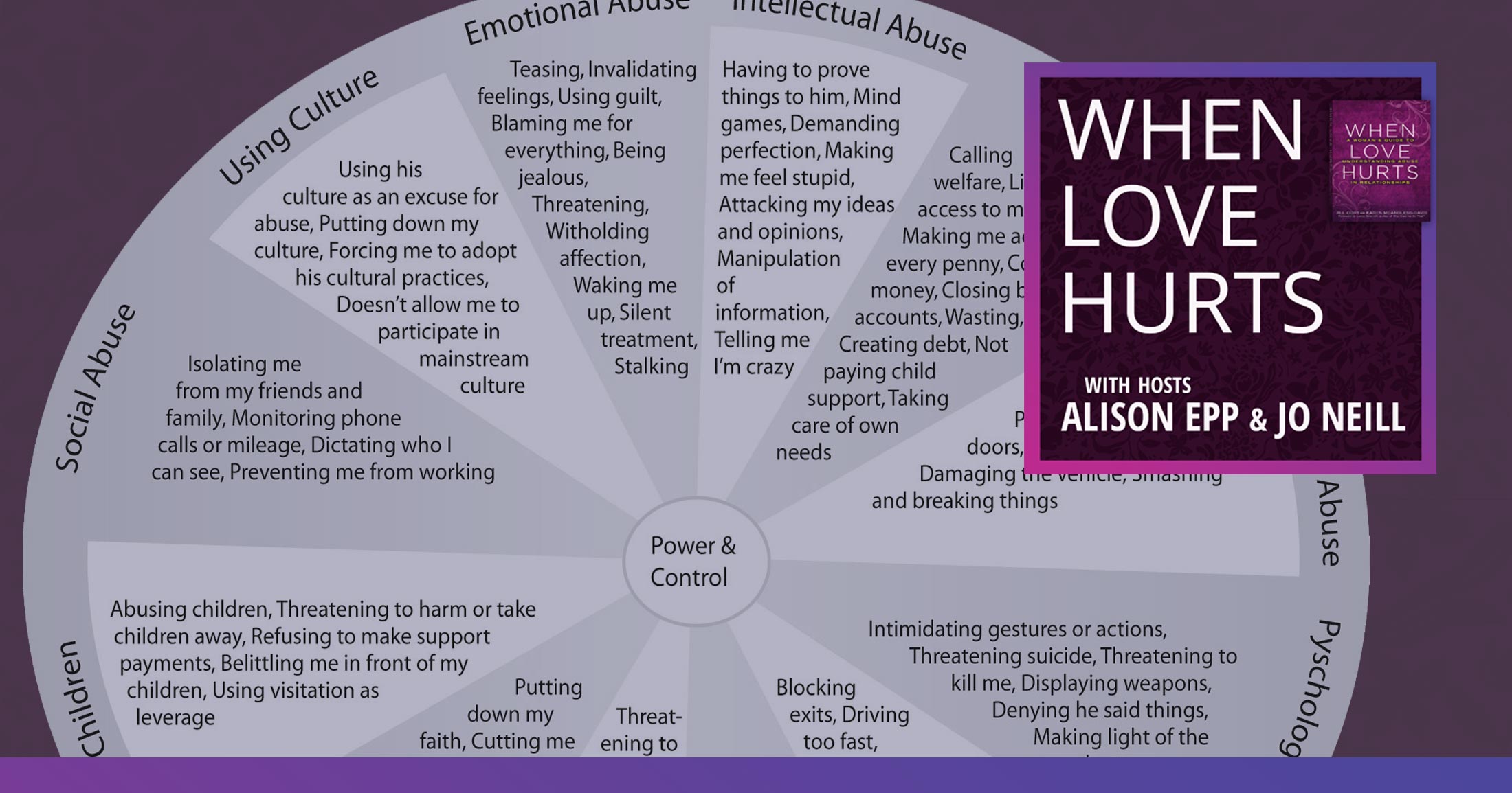 Episode 3 of When Love Hurts, a power and control wheel with many dimensions of abuse as spokes of the wheel.