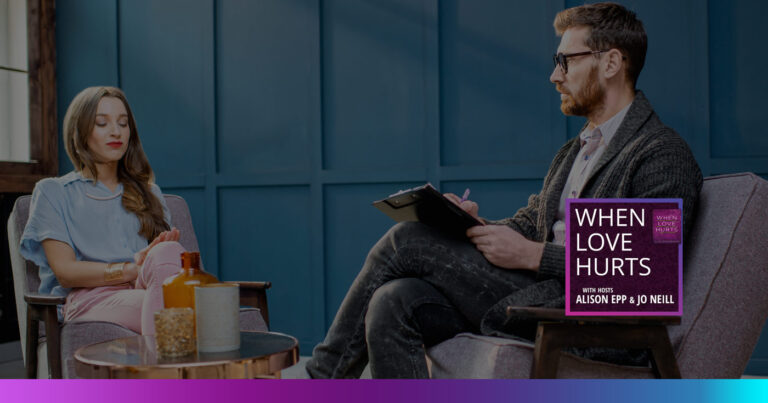 When Love Hurts podcast episode about the harms of professional help; a counsellor sits with a client, taking notes.