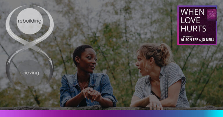 The figure eight model of healing is over top an image of two women talking; episode eight.